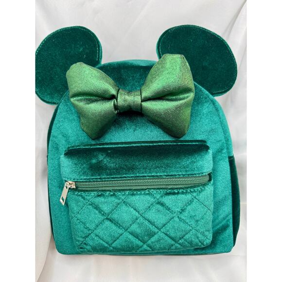 Disney Minnie Mouse Green Velvet 3D Ears Bow Mini Backpack Licensed Character - Picture 1 of 6